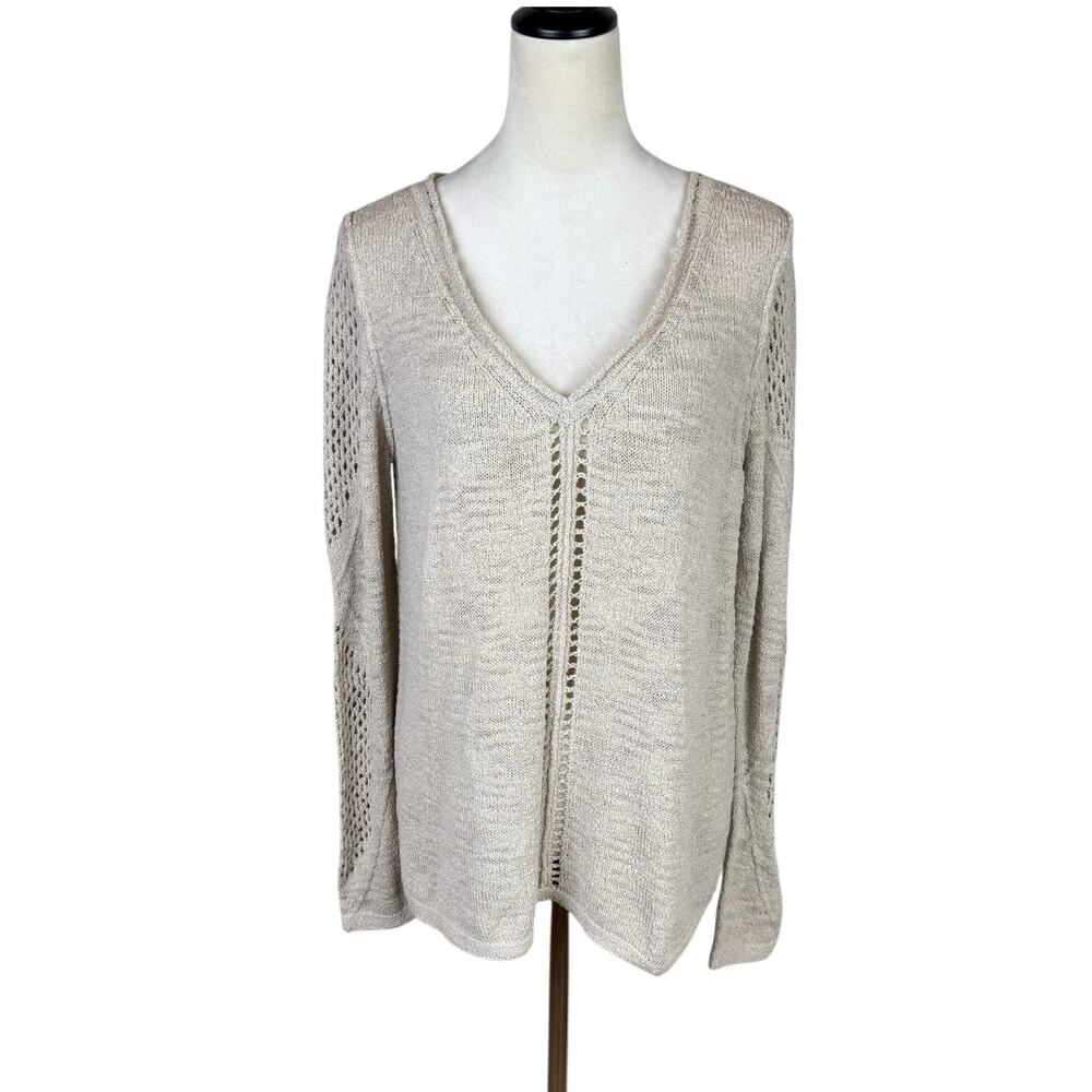 Sundance NEW Tan Soft Open Chunky Knit Pullover V-neck Long Sleeve Sweater